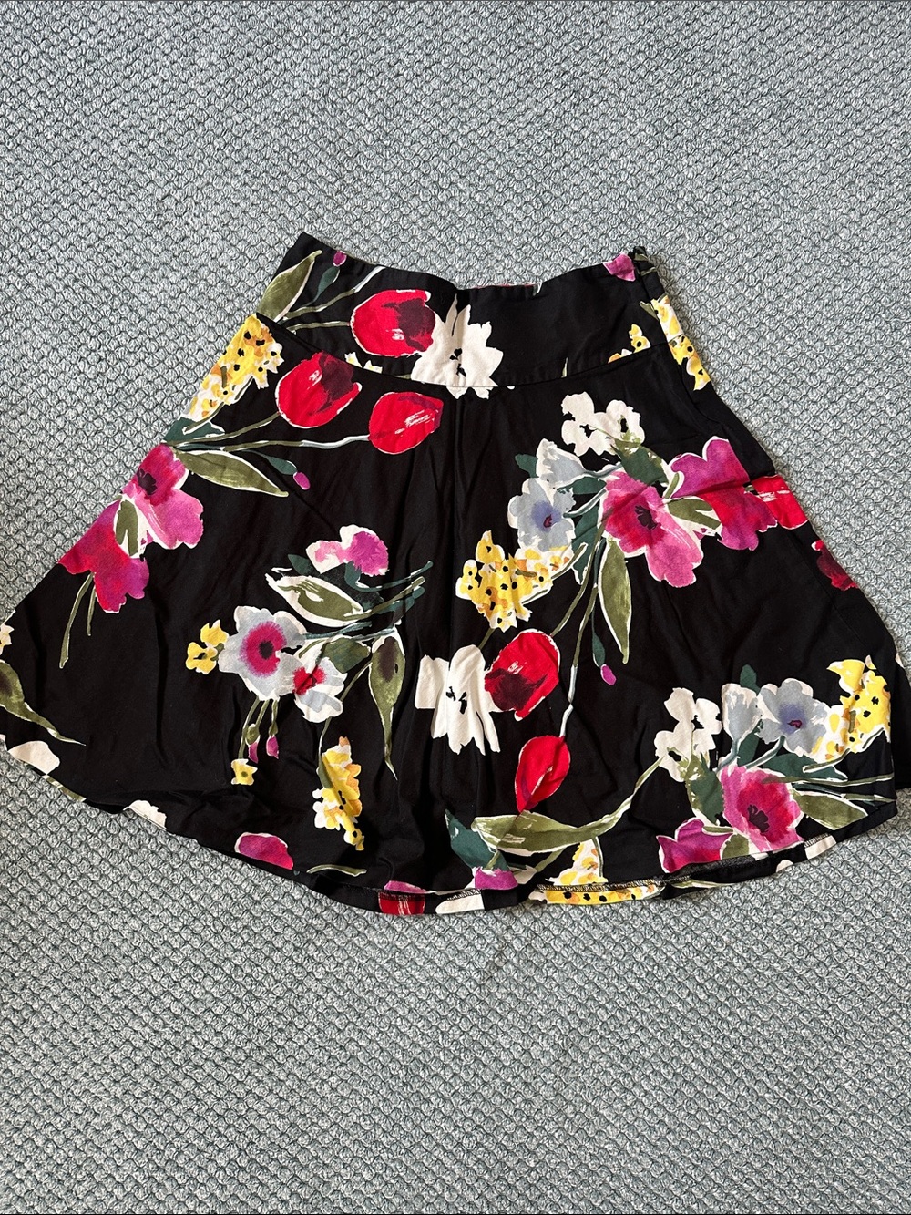 American Living Black Circle Skirt with Red, Pink & Yellow Floral Pattern